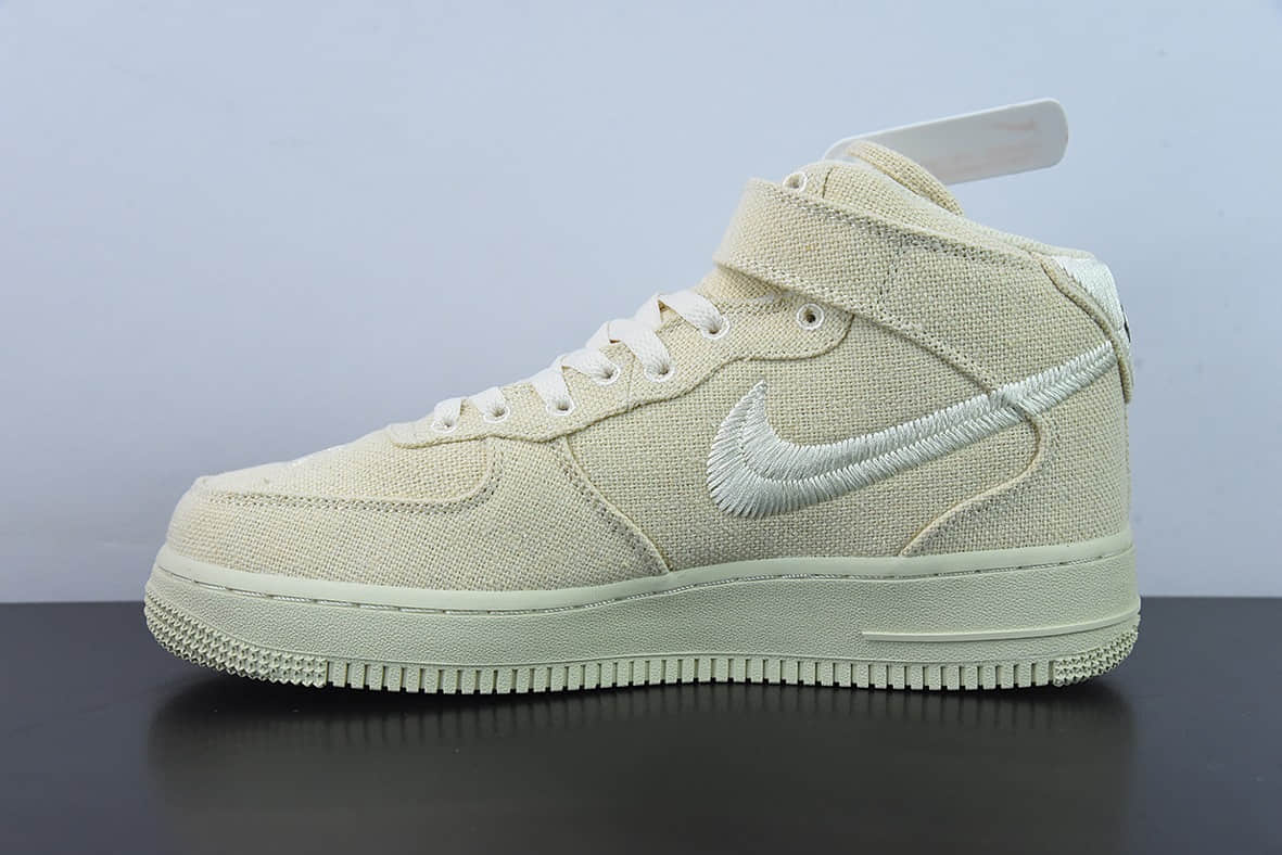 耐克Nike Air Force 1 MID STUSSY 斯图西联名白麻布电绣钩子空军一号中帮休闲板鞋纯原版本 货号：DJ7841-200