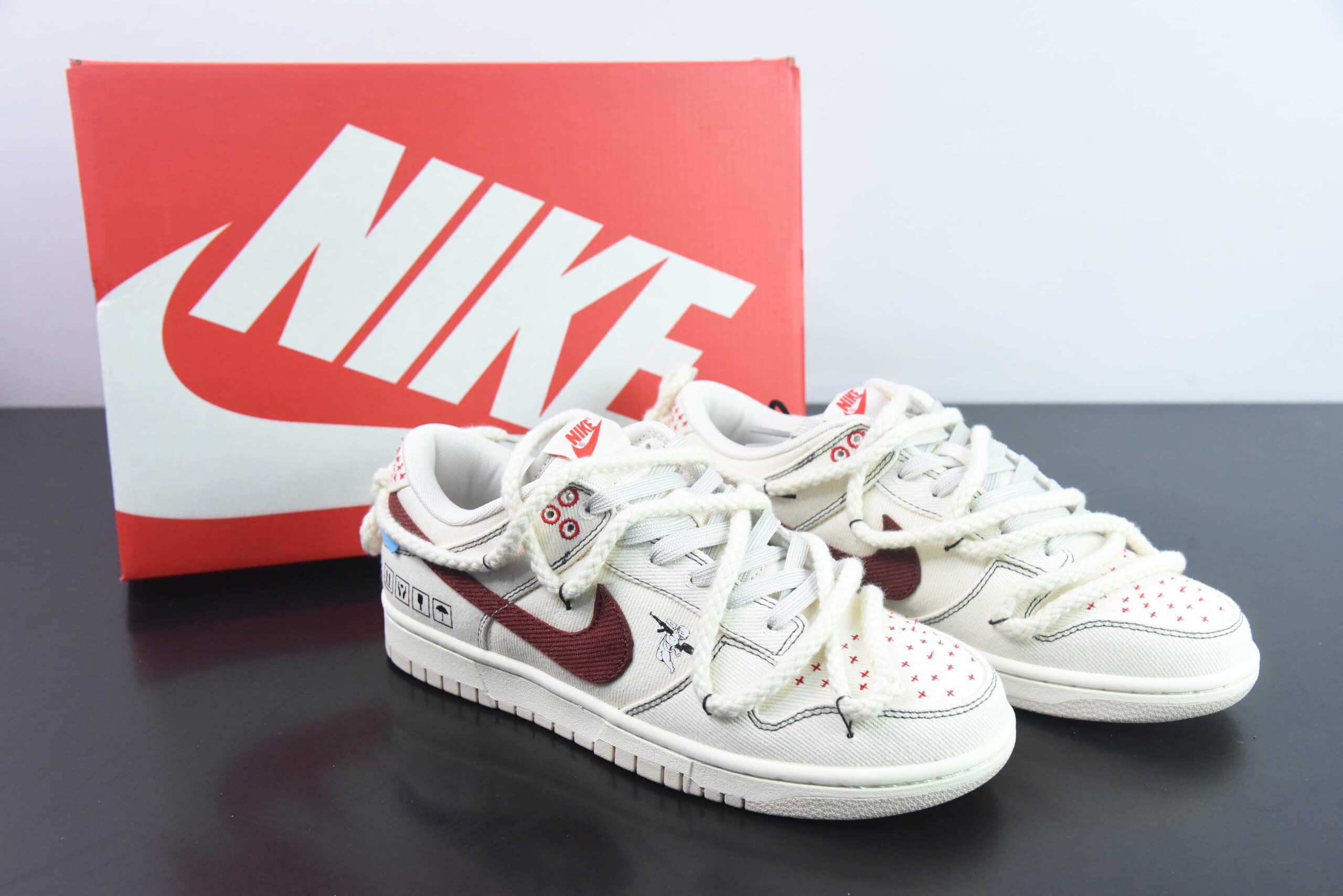 耐克Nike SB Dunk Low 绑带解构天使刺子绣帆布灰棕红SB低帮休闲滑板鞋纯原版本 货号：DV0834-100