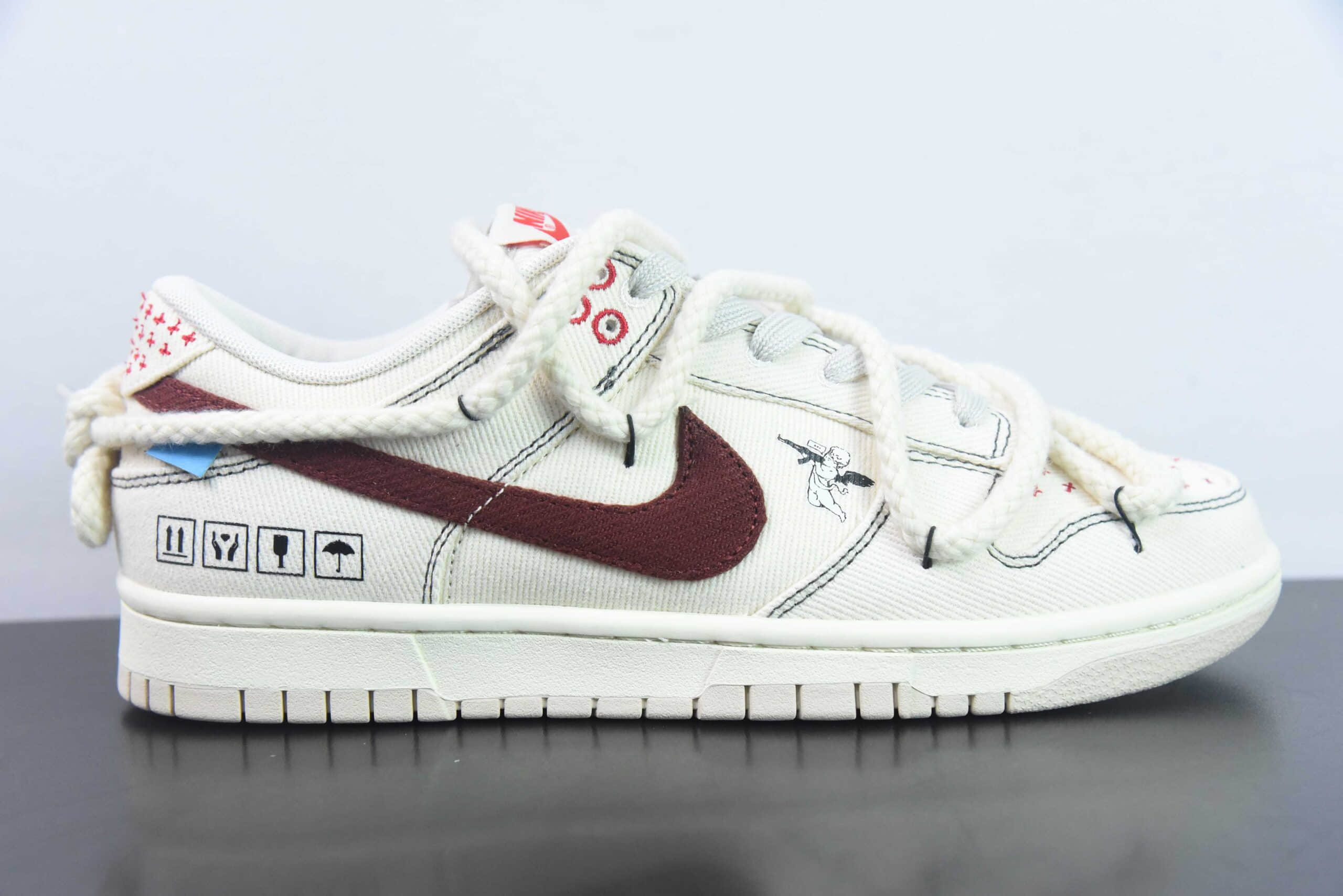 耐克Nike SB Dunk Low 绑带解构天使刺子绣帆布灰棕红SB低帮休闲滑板鞋纯原版本 货号：DV0834-100
