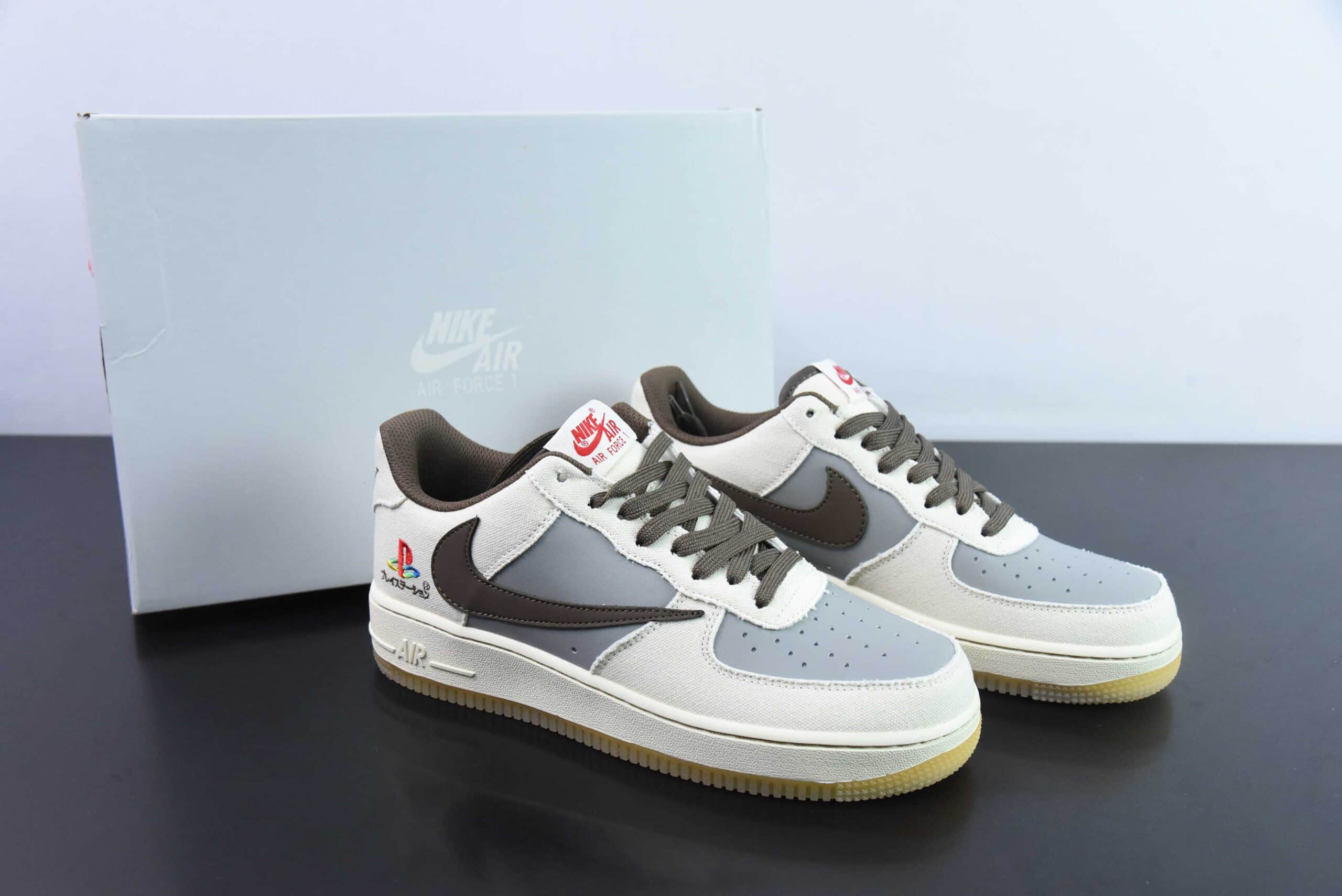 耐克Nike Travis Scott x Playstation x Nk Air Force 1'07 Low三方联名白蓝棕索尼倒钩反勾空军一号低帮板鞋纯原版本 货号:BQ5826-208