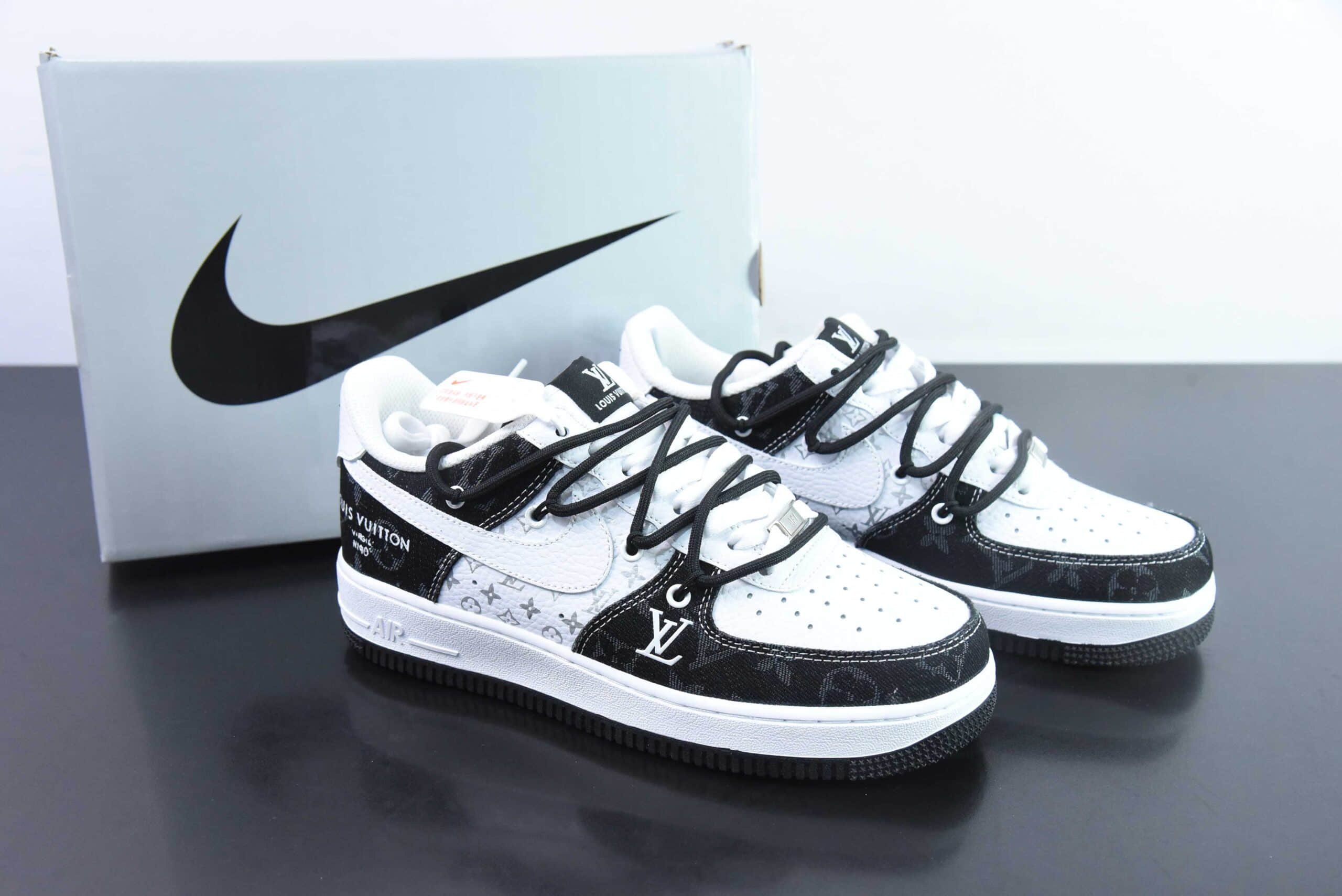 耐克Nike Air Force 1´07 Low 白黑牛仔LV印花绑带定制版空军一号低帮百搭休闲运动板鞋纯原版本 货号：ZH0316-022